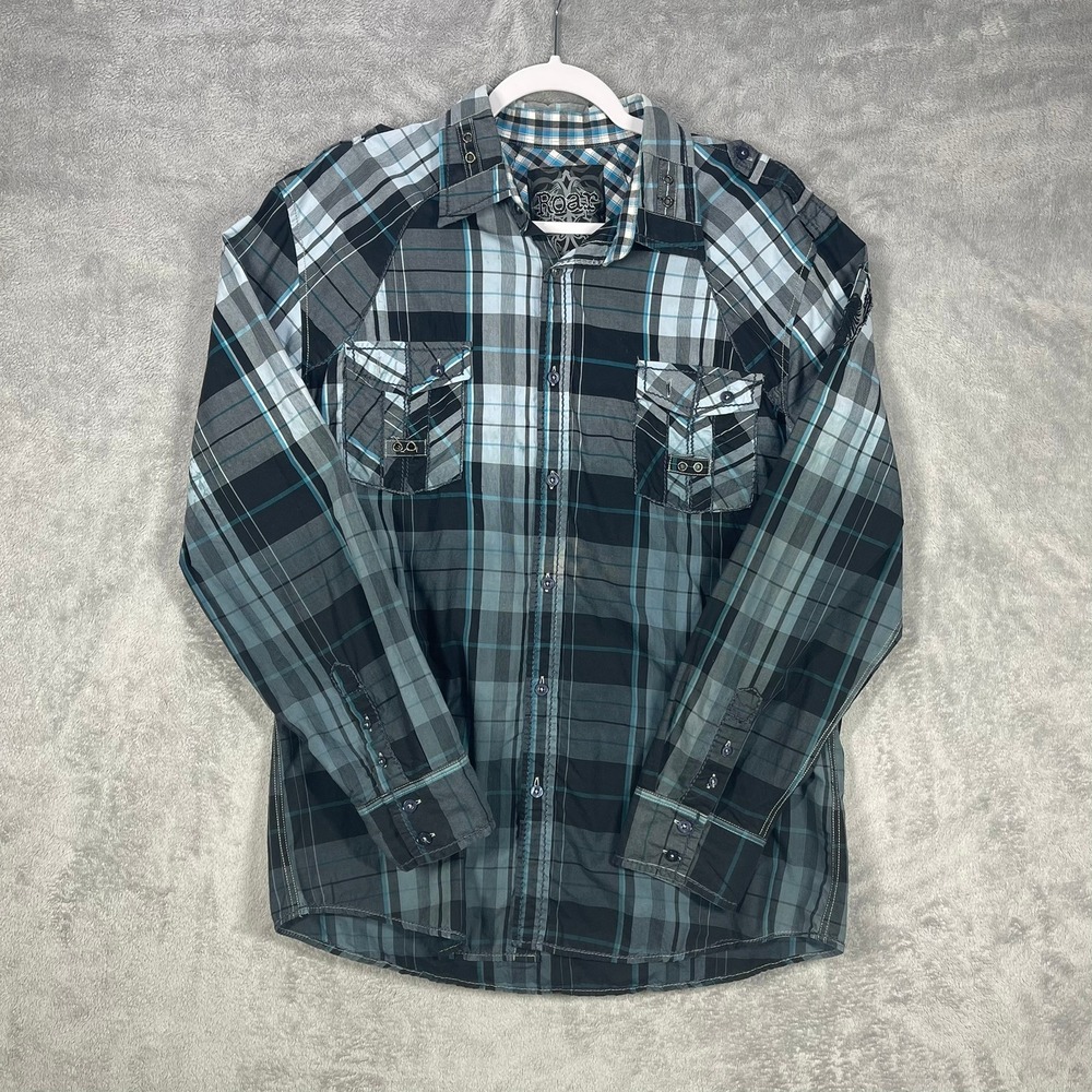 Roar Lamgert Shirt Mens XL Black Blue Plaid Embroidered Back Button Down READ